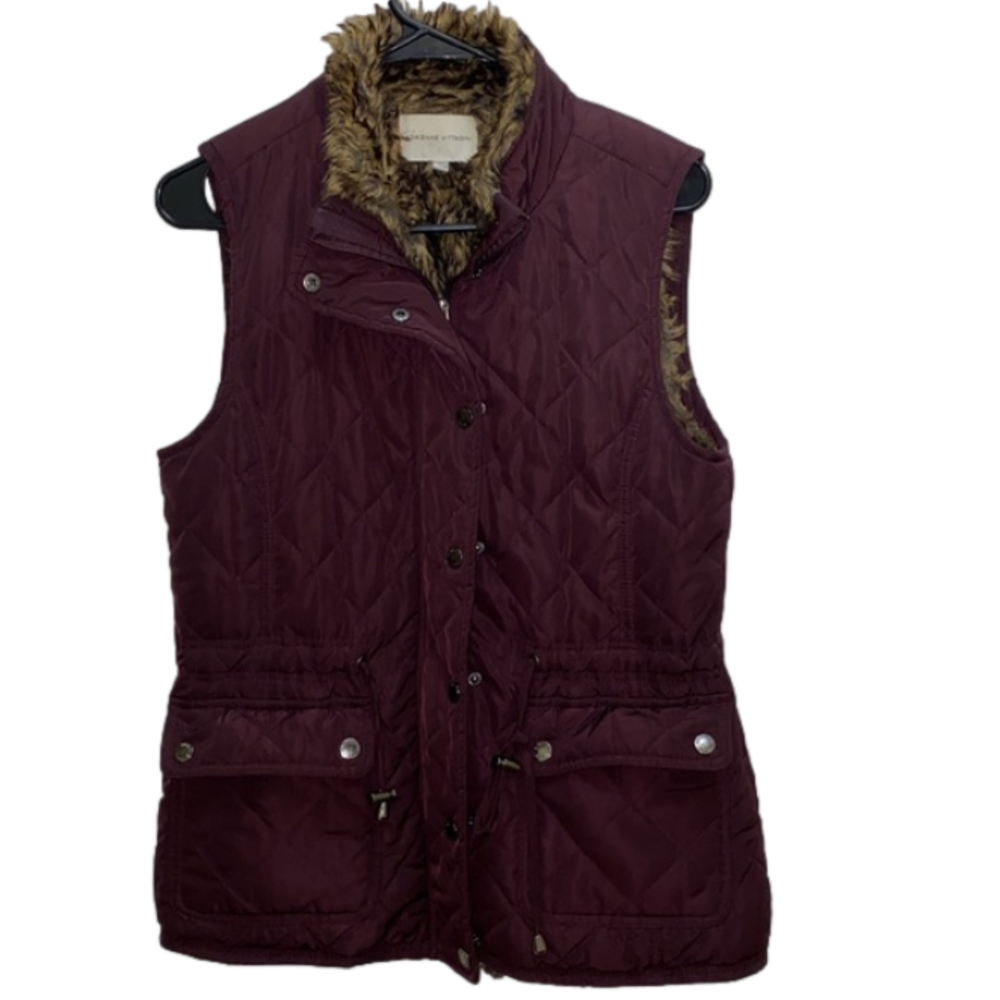 Adrienne Vittadini Burgundy Quilted Utility Vest Faux Fur Lined Snap Zip Medium - Picture 4 of 11